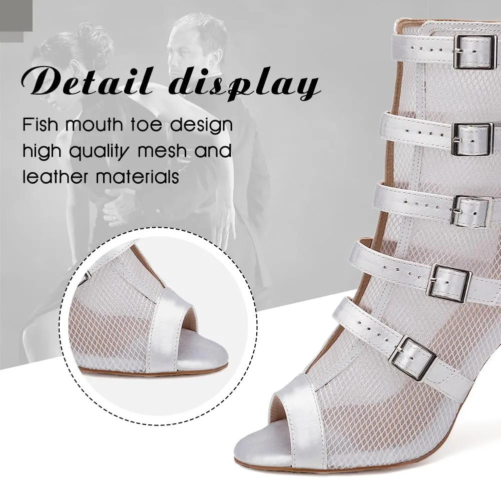 DKZSYIM Open Toe Dance Boots Women Latin Salsa Ballroom Lace-up Ankle Dance Shoes,Model QJWY006