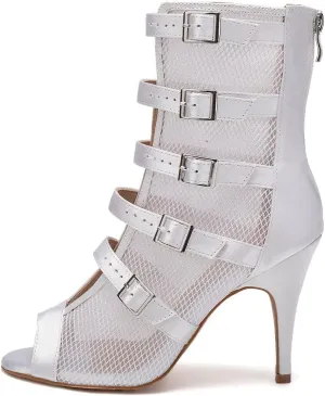 DKZSYIM Open Toe Dance Boots Women Latin Salsa Ballroom Lace-up Ankle Dance Shoes,Model QJWY006