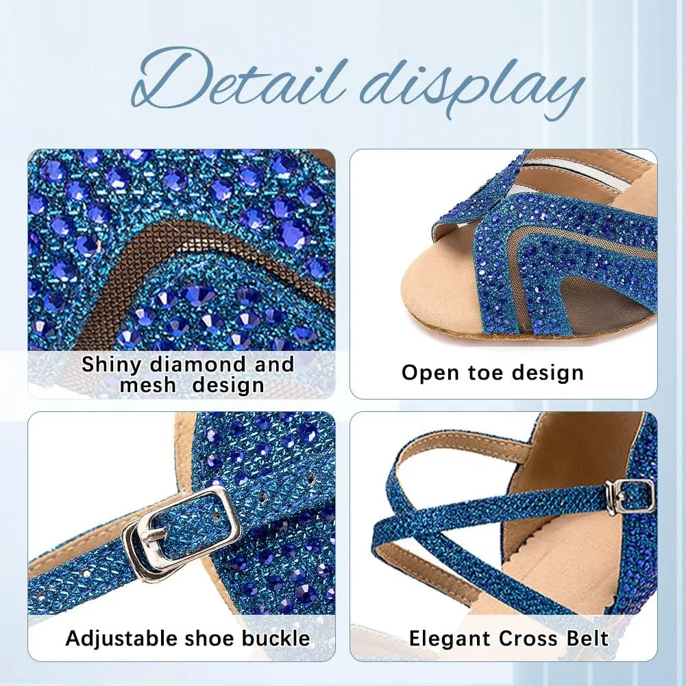 DKZSYIM Women Rhinestone Latin Ballroom Dance Shoes Bachata Salsa Practice Performance Dance Shoes,Model QJW1025