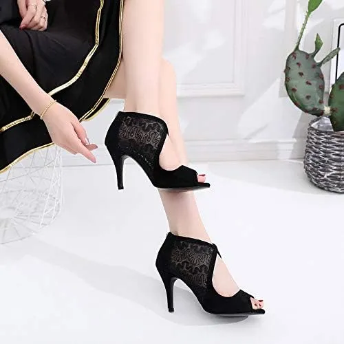 DKZSYIM Women's Ballroom Dance Shoes 3 1/3 Inch High Heel Ankle Booties Performance Dance Boots,Model QJW1004