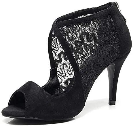 DKZSYIM Women's Ballroom Dance Shoes 3 1/3 Inch High Heel Ankle Booties Performance Dance Boots,Model QJW1004