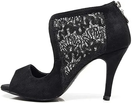 DKZSYIM Women's Ballroom Dance Shoes 3 1/3 Inch High Heel Ankle Booties Performance Dance Boots,Model QJW1004