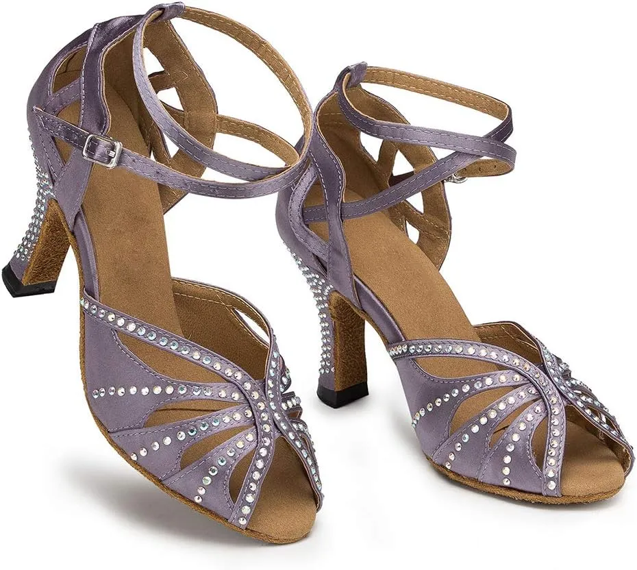 DKZSYIM Women's Latin Dance Shoes Ballroom Performance Rhinestone Ankle Dance Shoes,Model YCL162