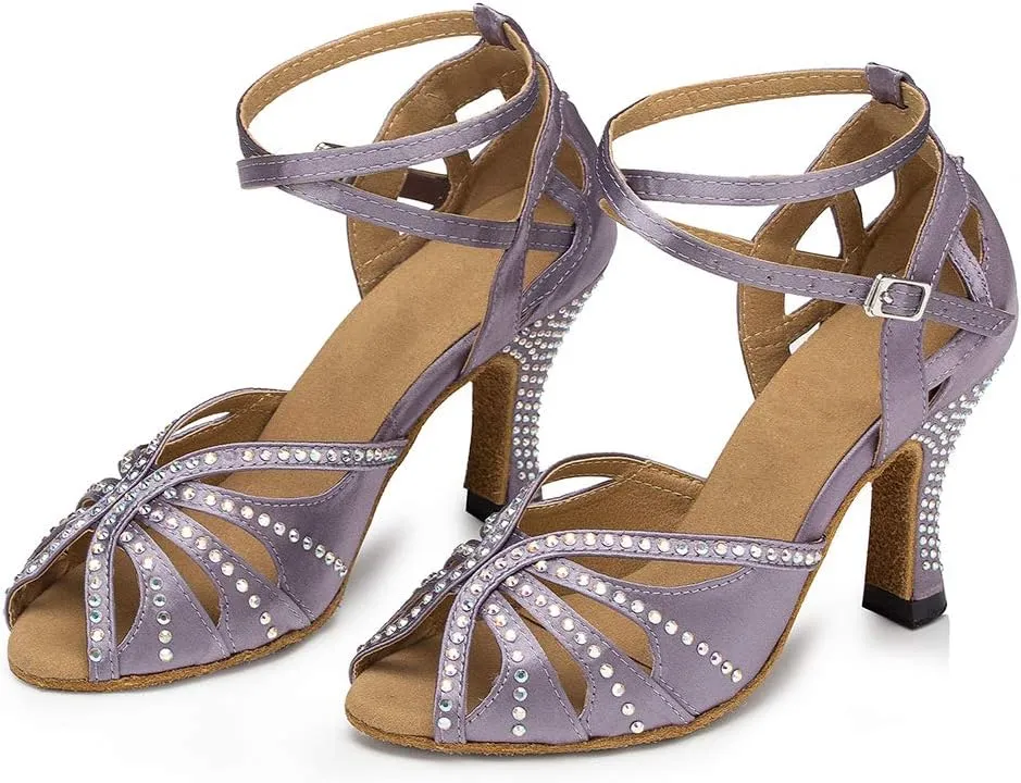 DKZSYIM Women's Latin Dance Shoes Ballroom Performance Rhinestone Ankle Dance Shoes,Model YCL162