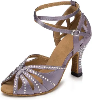 DKZSYIM Women's Latin Dance Shoes Ballroom Performance Rhinestone Ankle Dance Shoes,Model YCL162