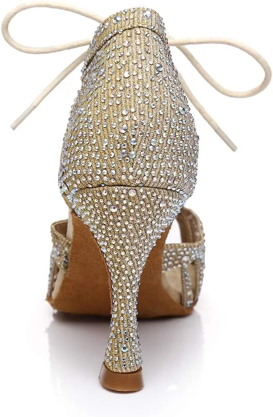 DKZSYIM Women's Latin Dance Shoes Ballroom Performance Rhinestone Shoes,Model YCL387