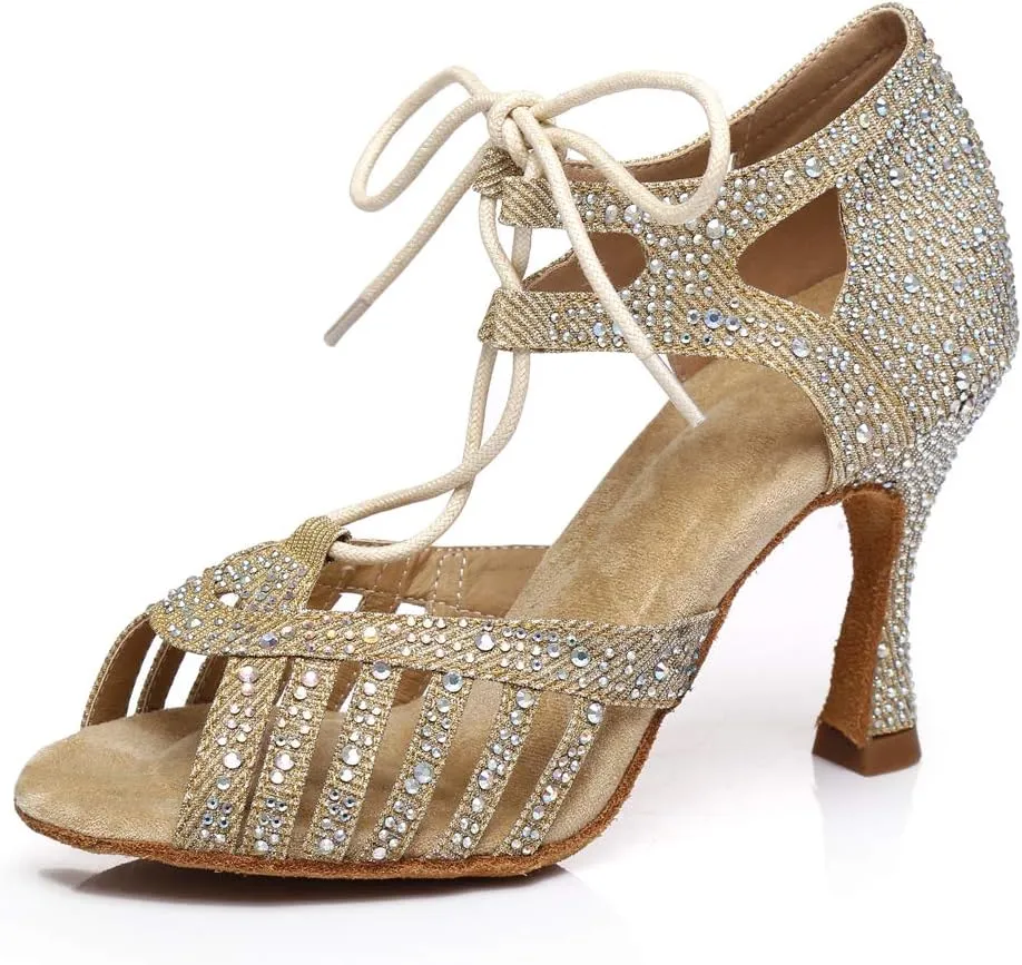 DKZSYIM Women's Latin Dance Shoes Ballroom Performance Rhinestone Shoes,Model YCL387
