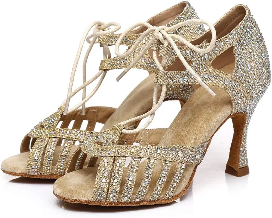 DKZSYIM Women's Latin Dance Shoes Ballroom Performance Rhinestone Shoes,Model YCL387