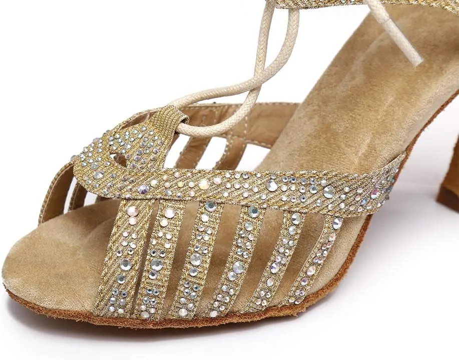DKZSYIM Women's Latin Dance Shoes Ballroom Performance Rhinestone Shoes,Model YCL387