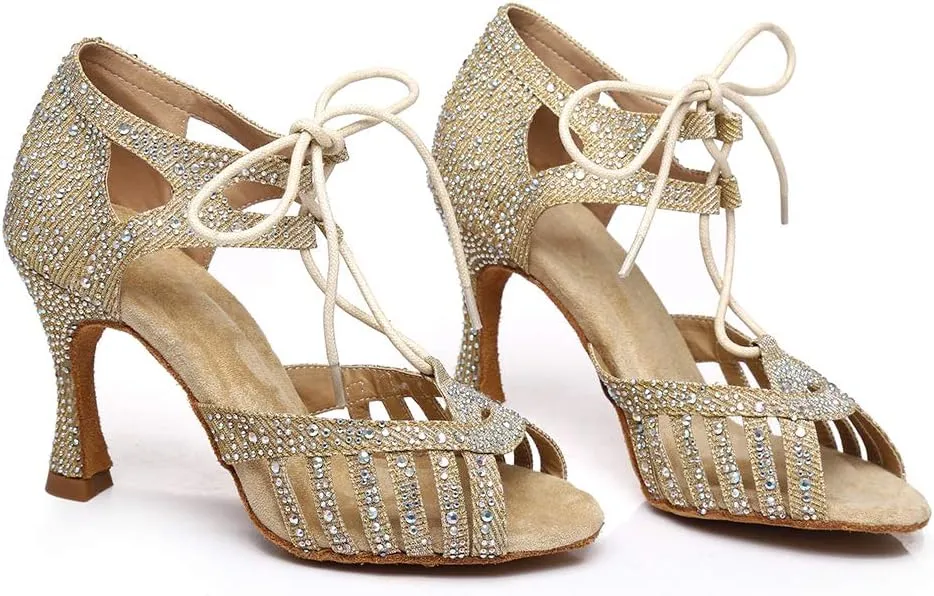 DKZSYIM Women's Latin Dance Shoes Ballroom Performance Rhinestone Shoes,Model YCL387