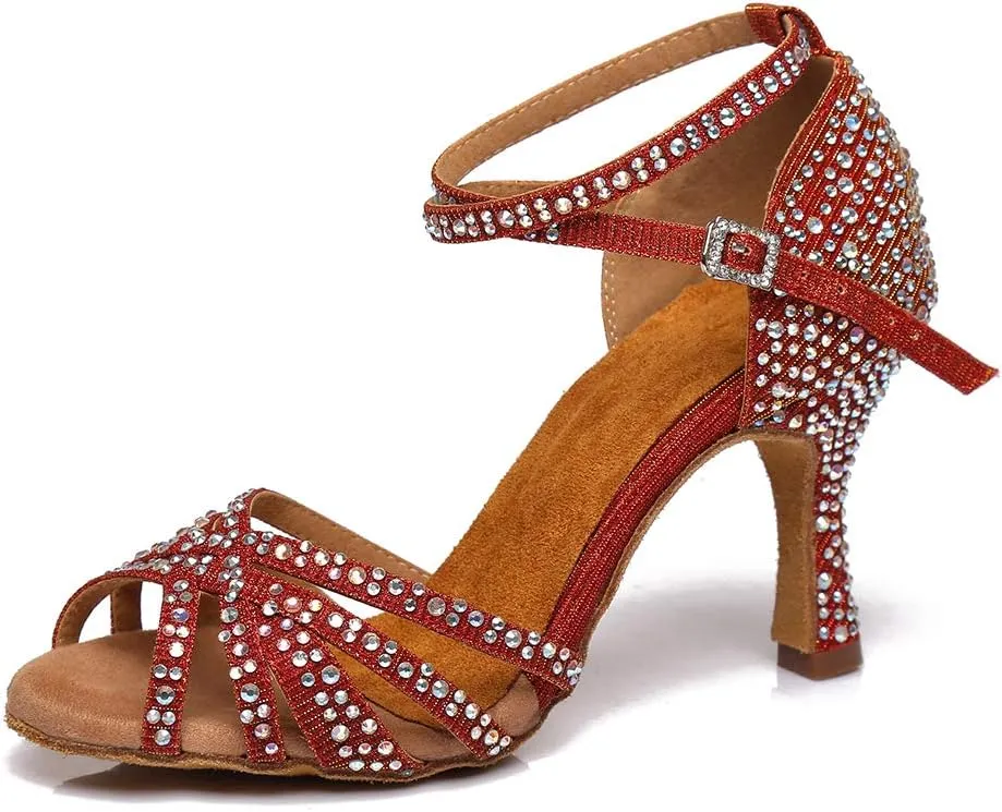 DKZSYIM Women's Latin Dance Shoes Ballroom Performance Rhinestone Wedding Dance Shoes,Model YCL371
