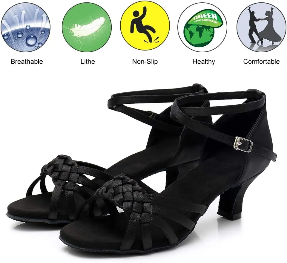 DKZSYIM Women's Satin Latin Dance Shoes Ballroom Performance Shoes Model WH1218