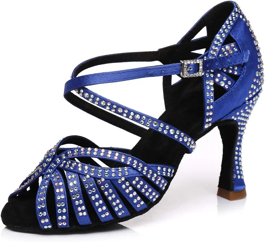 DKZSYIM Women's Satin Latin Dance Shoes Ballroom Suede Sole Wedding Performance Dance Shoe,Model YCL394
