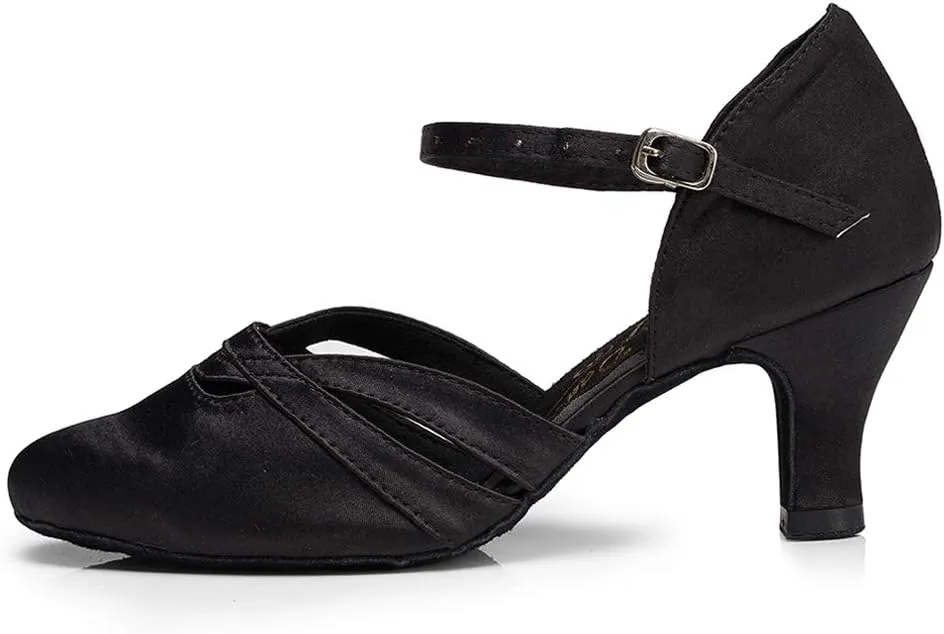 DKZSYIM Women's Satin Latin Dance Shoes Close Toe Ballroom Performance Dancing Shoes,Model QJW1003