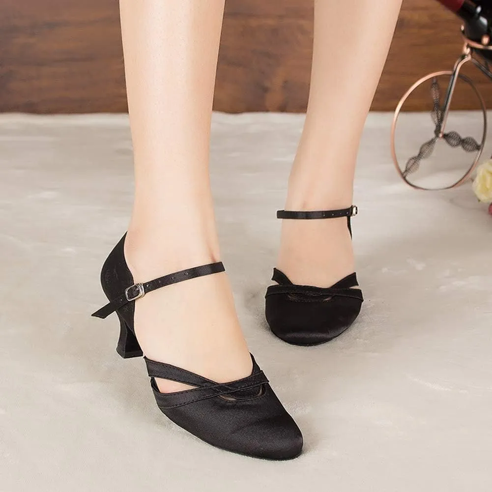 DKZSYIM Women's Satin Latin Dance Shoes Close Toe Ballroom Performance Dancing Shoes,Model QJW1003