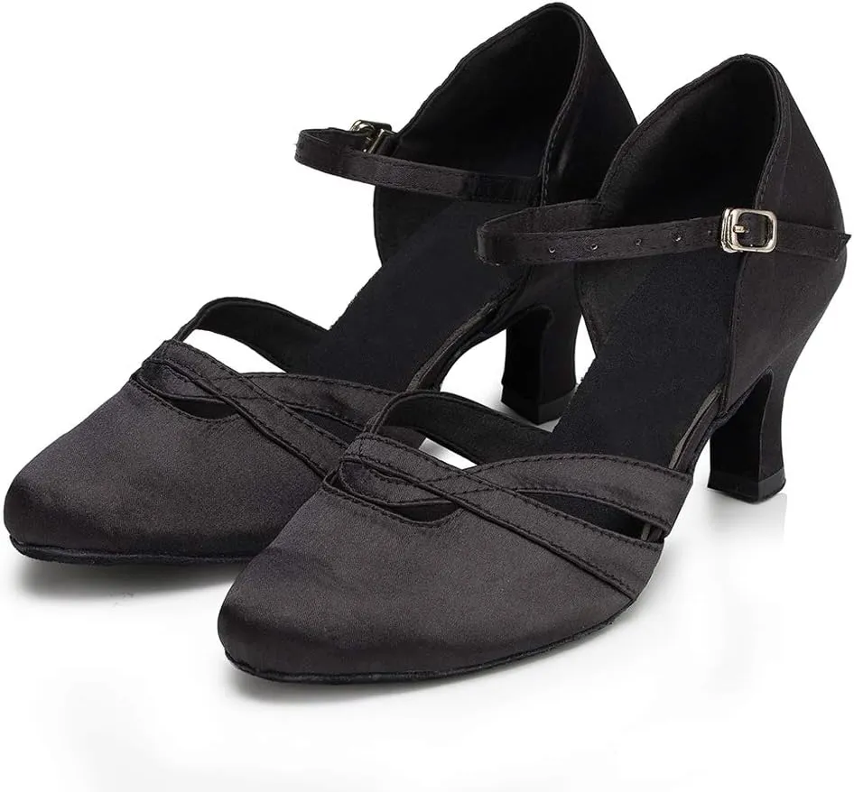 DKZSYIM Women's Satin Latin Dance Shoes Close Toe Ballroom Performance Dancing Shoes,Model QJW1003
