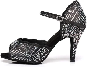 DKZSYIM Women's Satin Latin Dance Shoes Practice Rhinestone Dance Shoes,Practice Dancing Shoes Model YCL389