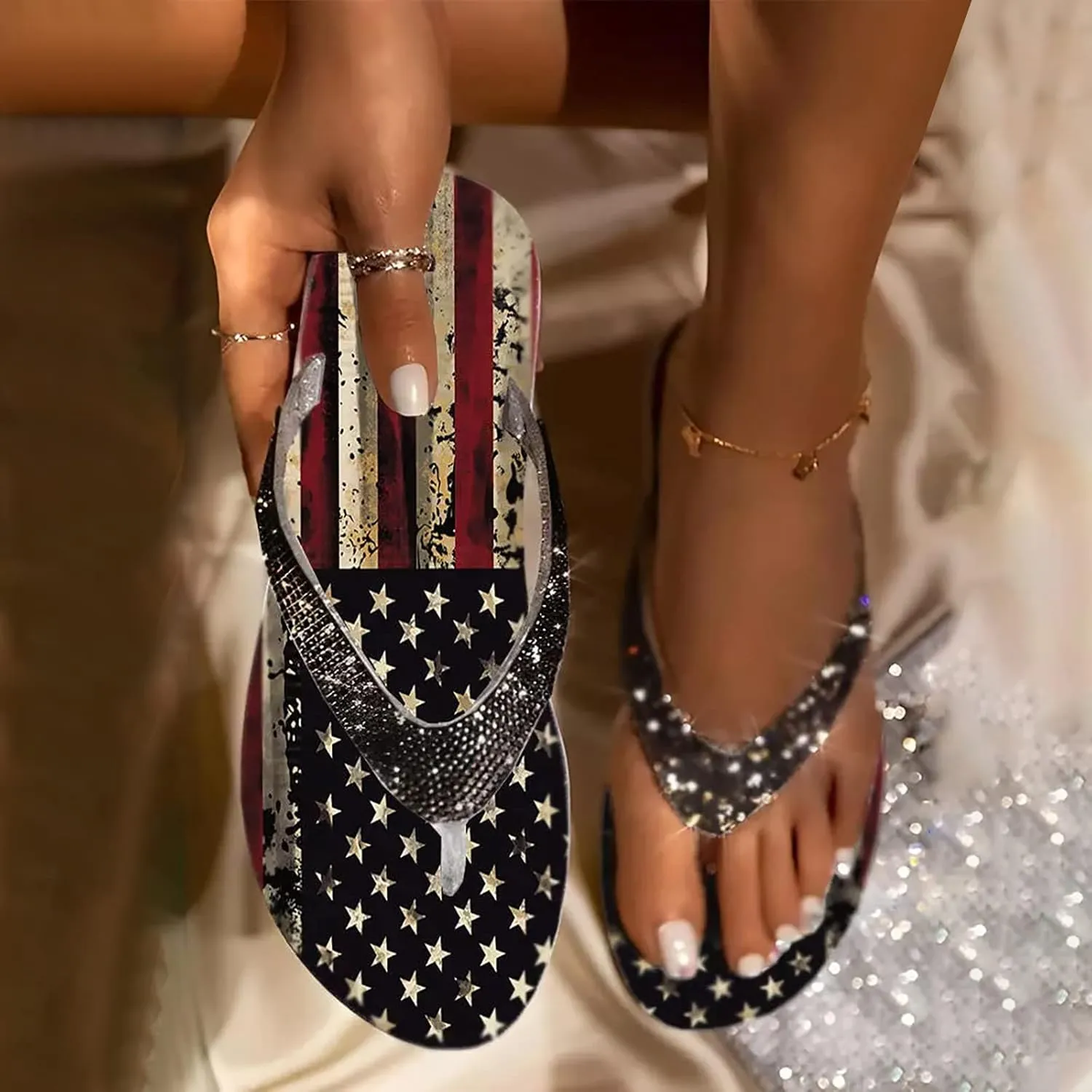Eduavar Womens Wedge Sandals, Sandals for Women Dressy 4th of July Flip Flops Comftable Anti-Slip Flat Sandal
