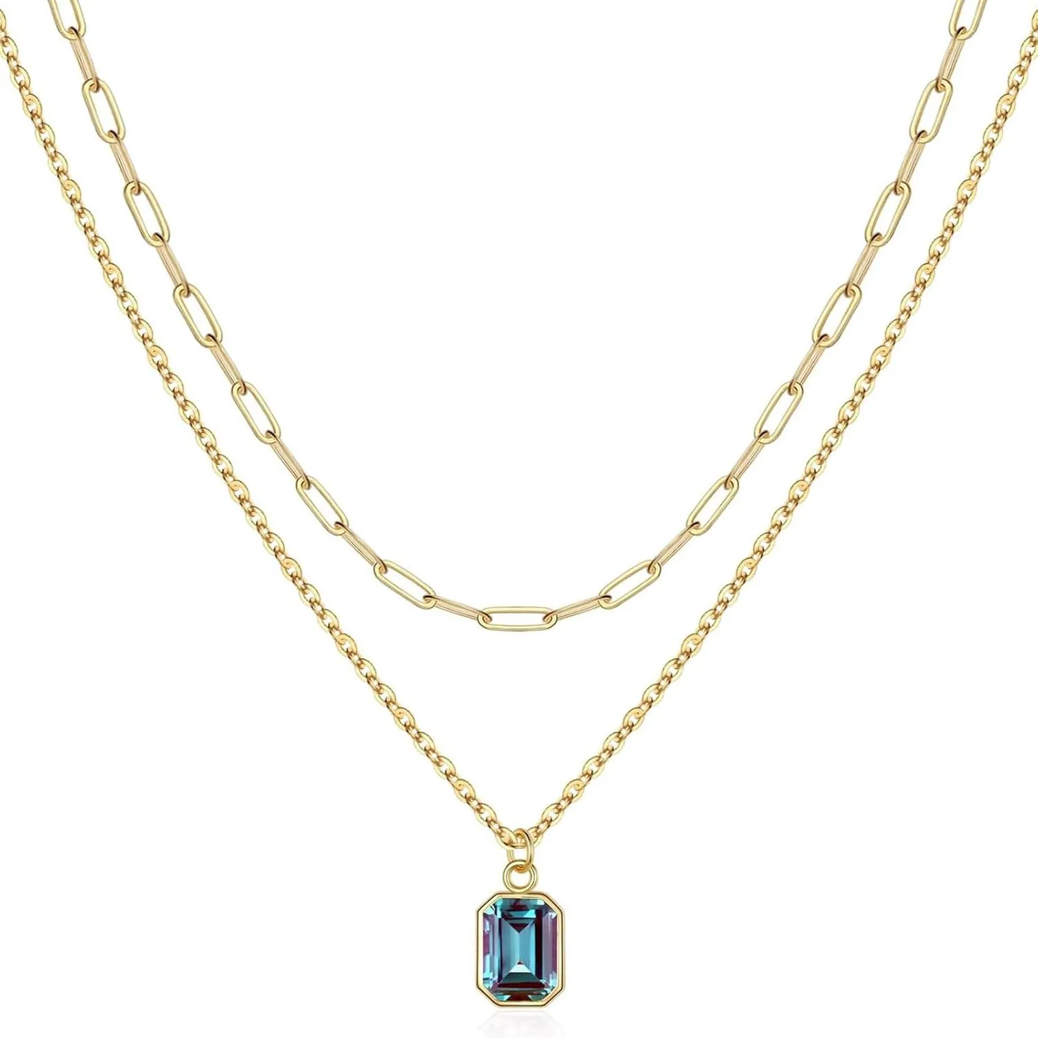 Elegant Double Layer Necklace Feature December Stones And 18k Gold Plating Rectangular Designs Neckchain For Women, Metal