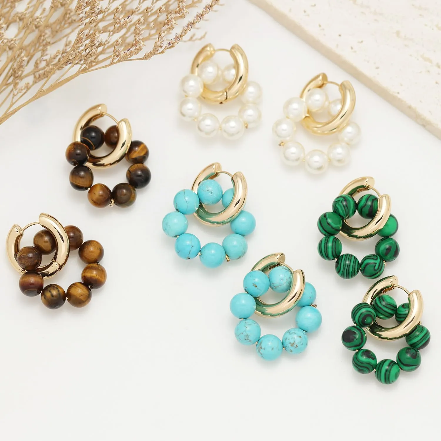 Elegant Turquoise Natural Stone Pearl Beaded Huggie Hoop Earrings for Women