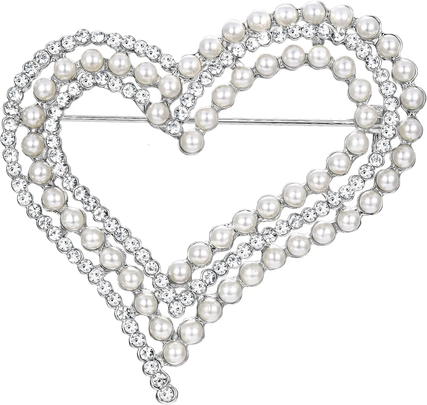 EVER FAITH Bridal Silver-Tone Dual Simulated Pearl Heart Clear Austrian Crystal Brooch