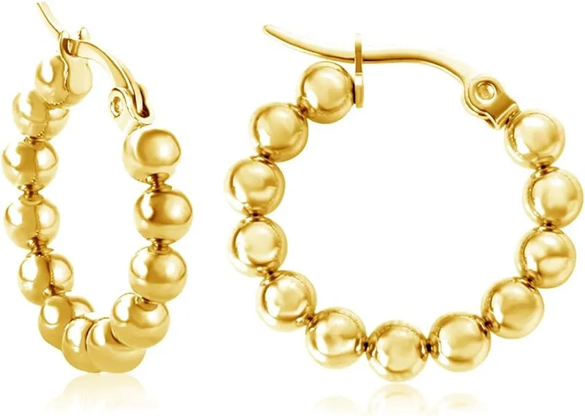 Fashion Beaded Ball Huggie Hoop Earrings for Women Minimalist Click Top Round Circle Small Hoops Drop Dangle Stainless Steel Hoop Earrings for Mom Mother's Day Wife Bff Birthday