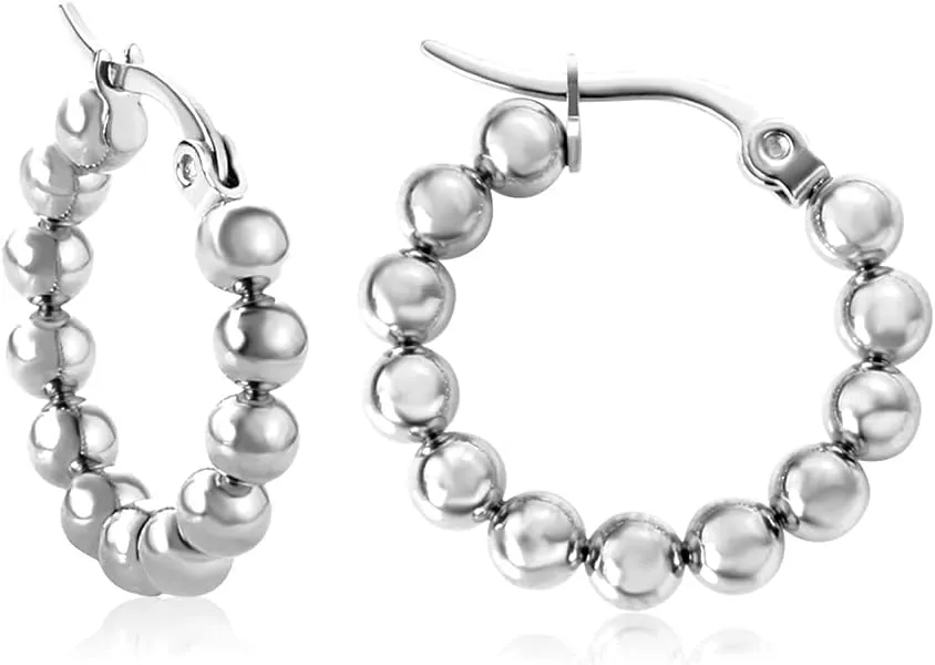 Fashion Beaded Ball Huggie Hoop Earrings for Women Minimalist Click Top Round Circle Small Hoops Drop Dangle Stainless Steel Hoop Earrings for Mom Mother's Day Wife Bff Birthday