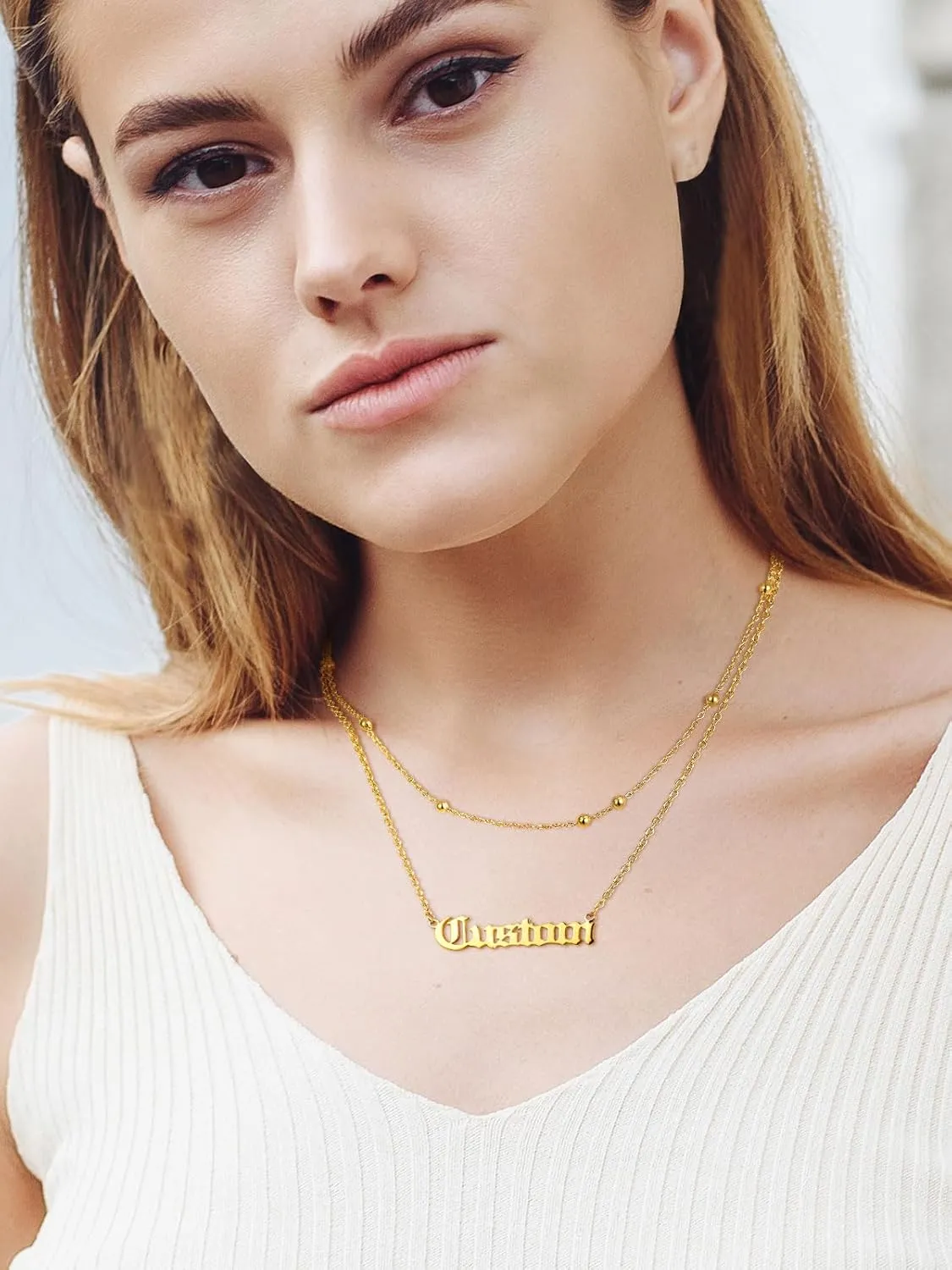 FindChic Custom Name Necklace Personalized Stainless Steel Layered Necklace for Women Girls Gold Plated/Black Name Plate Jewelry Gift for Gf Mom Daughter, with Gift Box