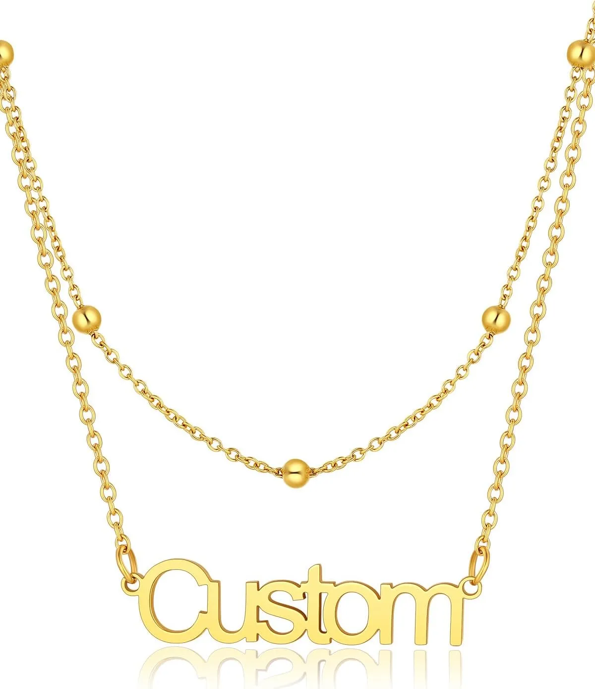 FindChic Custom Name Necklace Personalized Stainless Steel Layered Necklace for Women Girls Gold Plated/Black Name Plate Jewelry Gift for Gf Mom Daughter, with Gift Box