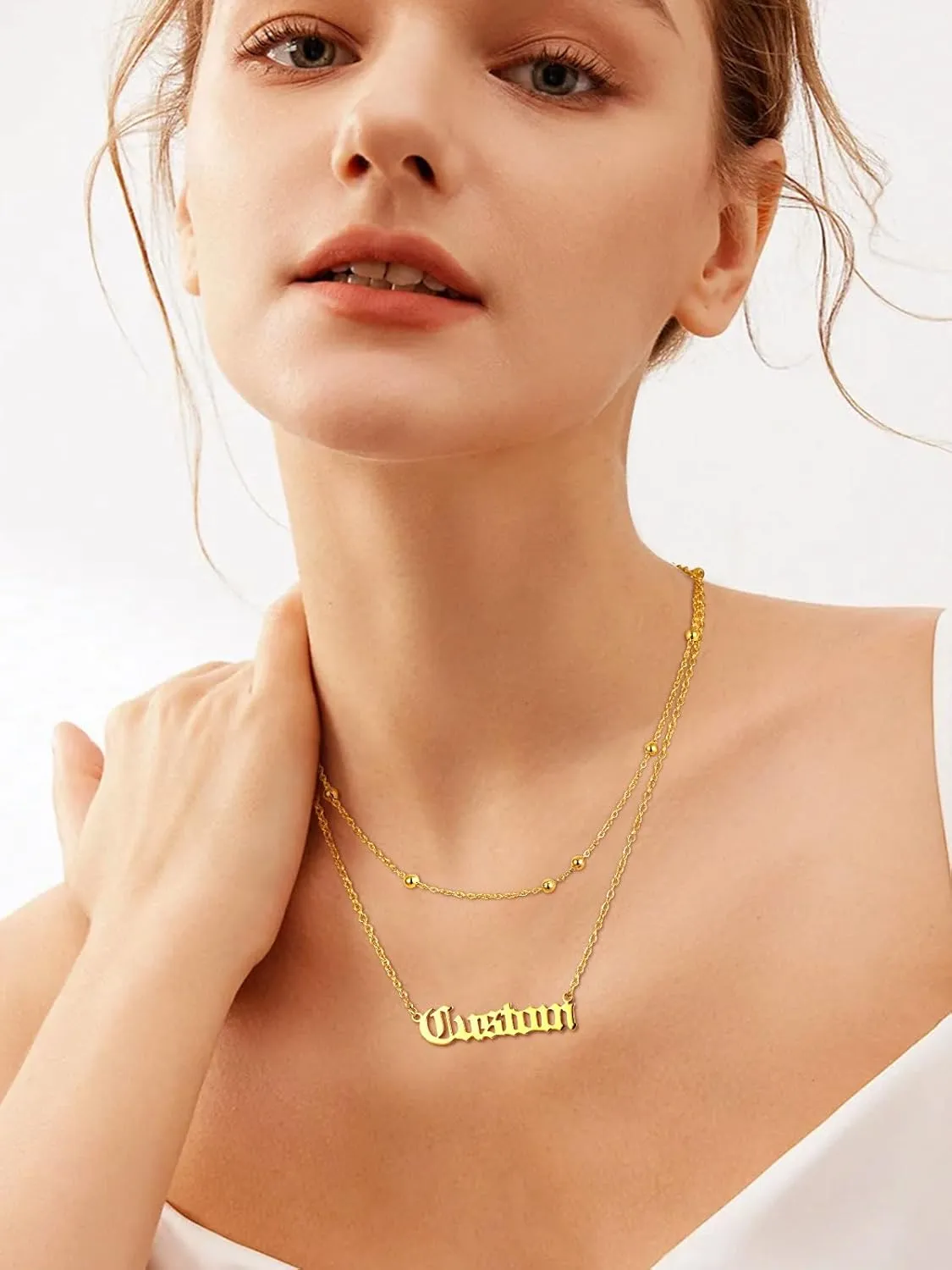 FindChic Custom Name Necklace Personalized Stainless Steel Layered Necklace for Women Girls Gold Plated/Black Name Plate Jewelry Gift for Gf Mom Daughter, with Gift Box