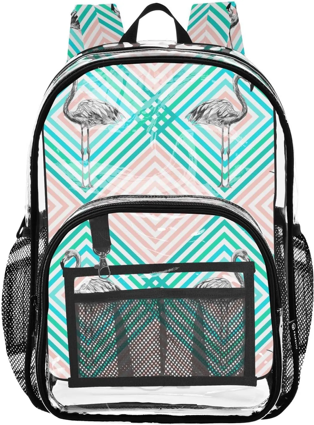 Flamingo Geometry Pink Clear Backpack Transparent Bookbag for Girls Boys Kids Bag PVC Waterproof Bag See Through Backpack for School Stadium Travel College