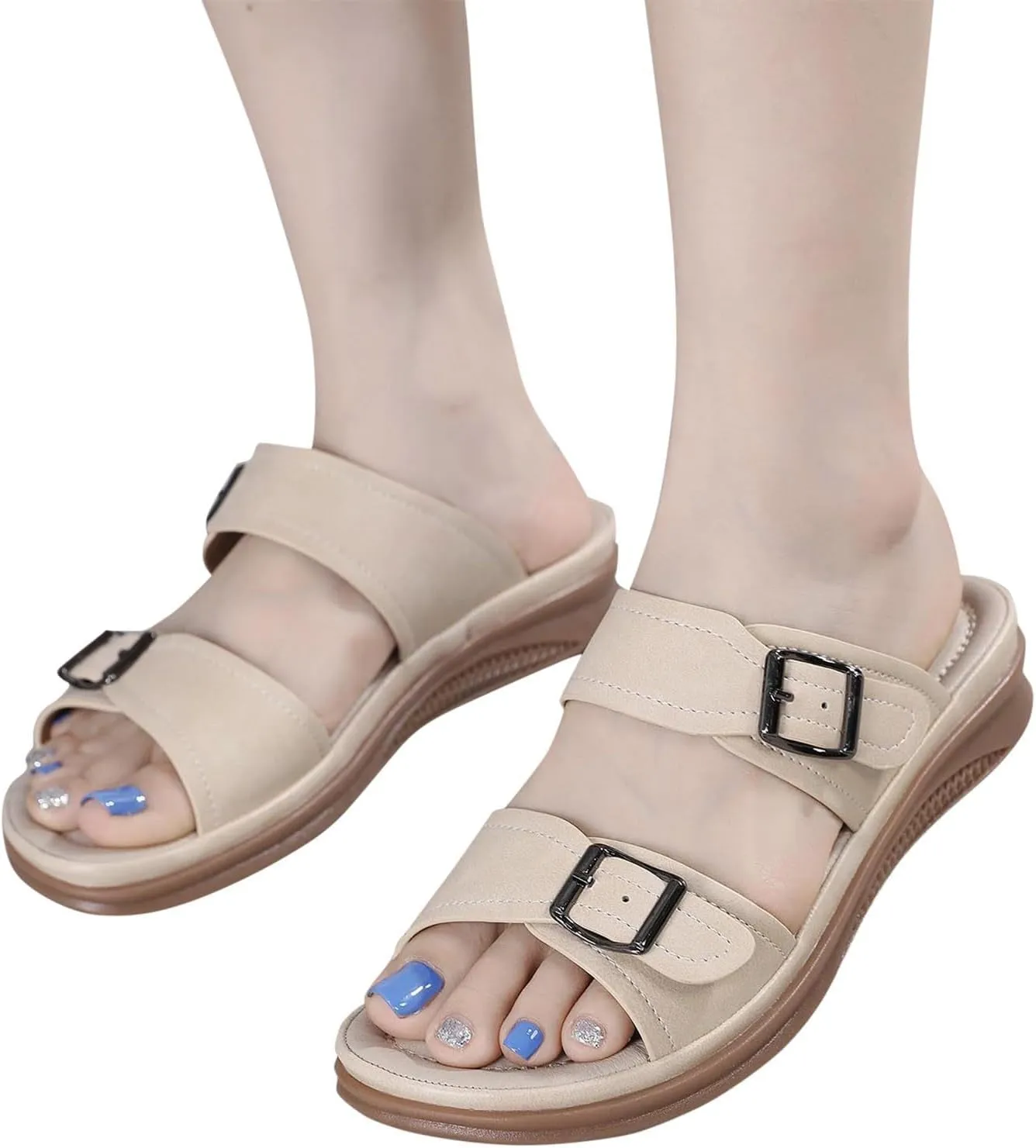 Flat Sandals for Women Slides Arch Support Comfort Slip Sandals Plantar Fasciitis Soft Cushion Slippers With Adjustable Straps Casual Walking Slippers
