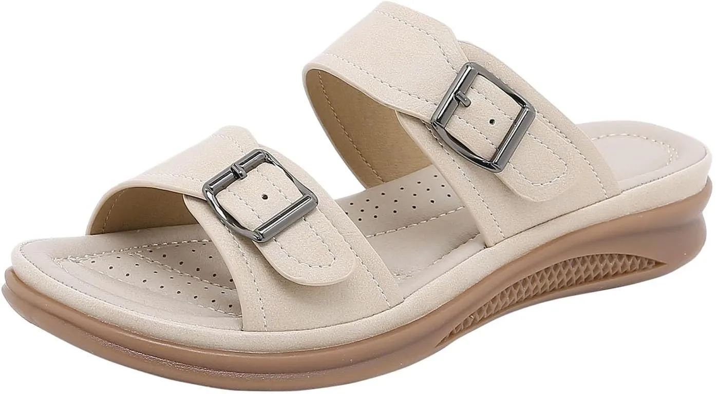 Flat Sandals for Women Slides Arch Support Comfort Slip Sandals Plantar Fasciitis Soft Cushion Slippers With Adjustable Straps Casual Walking Slippers