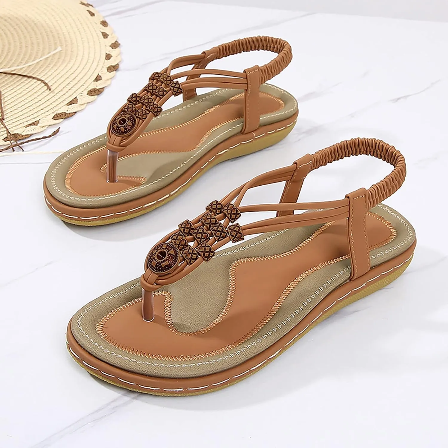 Flip Flops for Women Elastic Ankle Strap Sandals Dressy Casual Sandals Summer Beach Sandals Arch Support Shoes