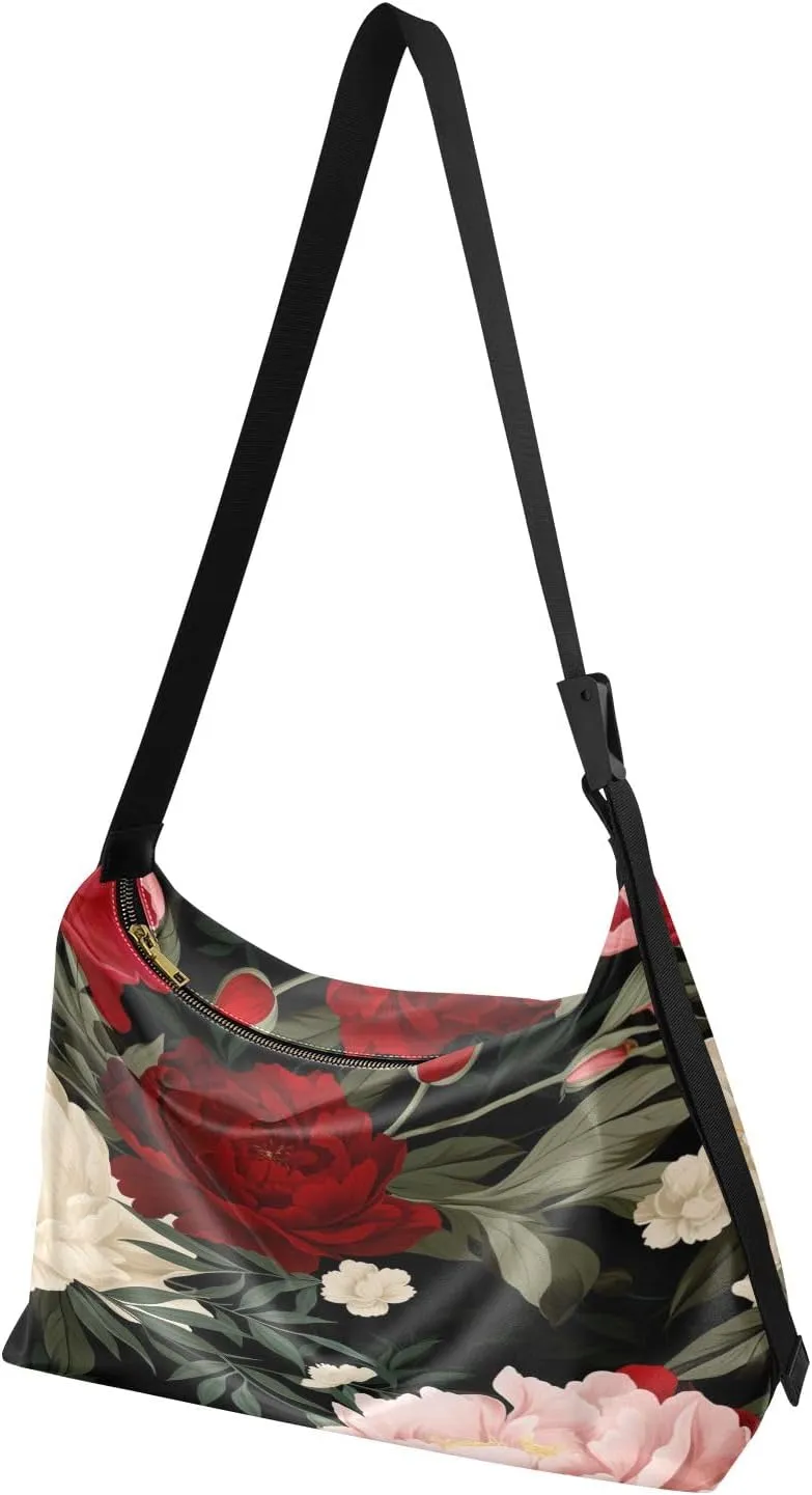 Floral on Dark Leather Shoulder Bag with Zipper, Woman Hobo Shoulder Bag, Leather Crossbody Shoulder Bag