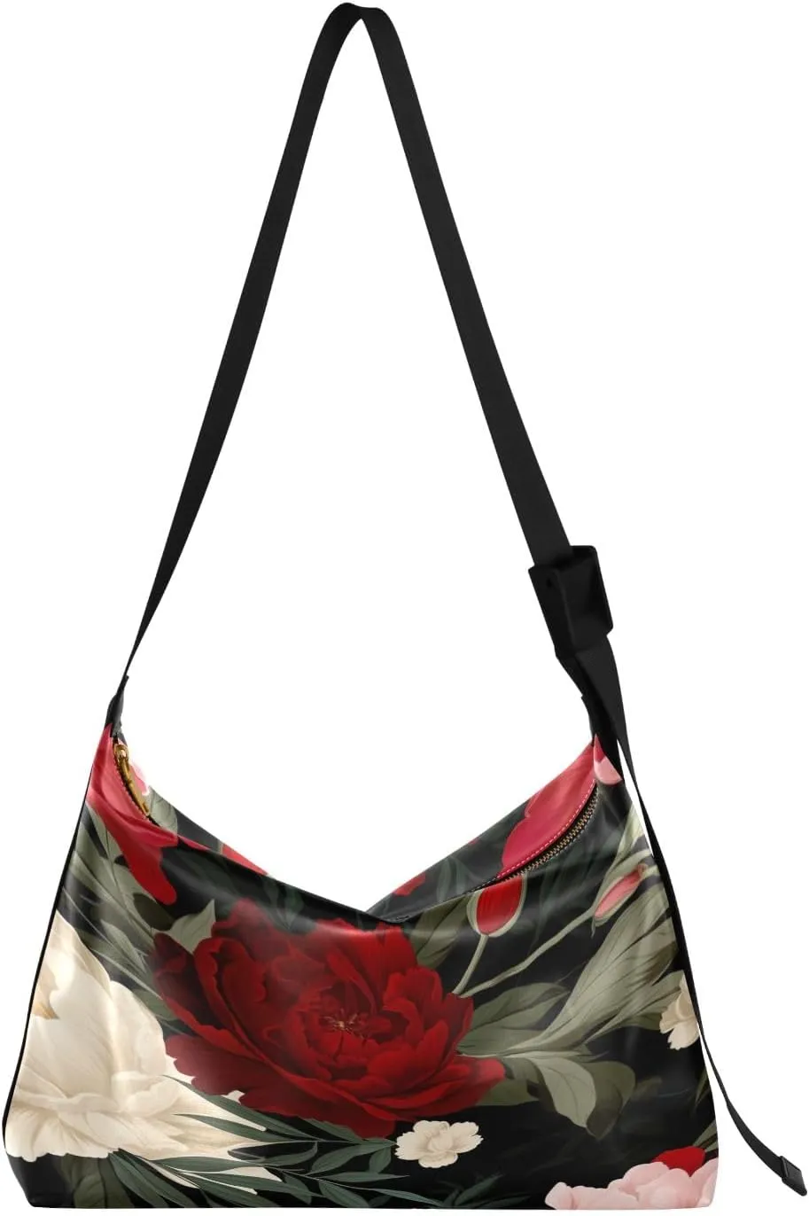 Floral on Dark Leather Shoulder Bag with Zipper, Woman Hobo Shoulder Bag, Leather Crossbody Shoulder Bag