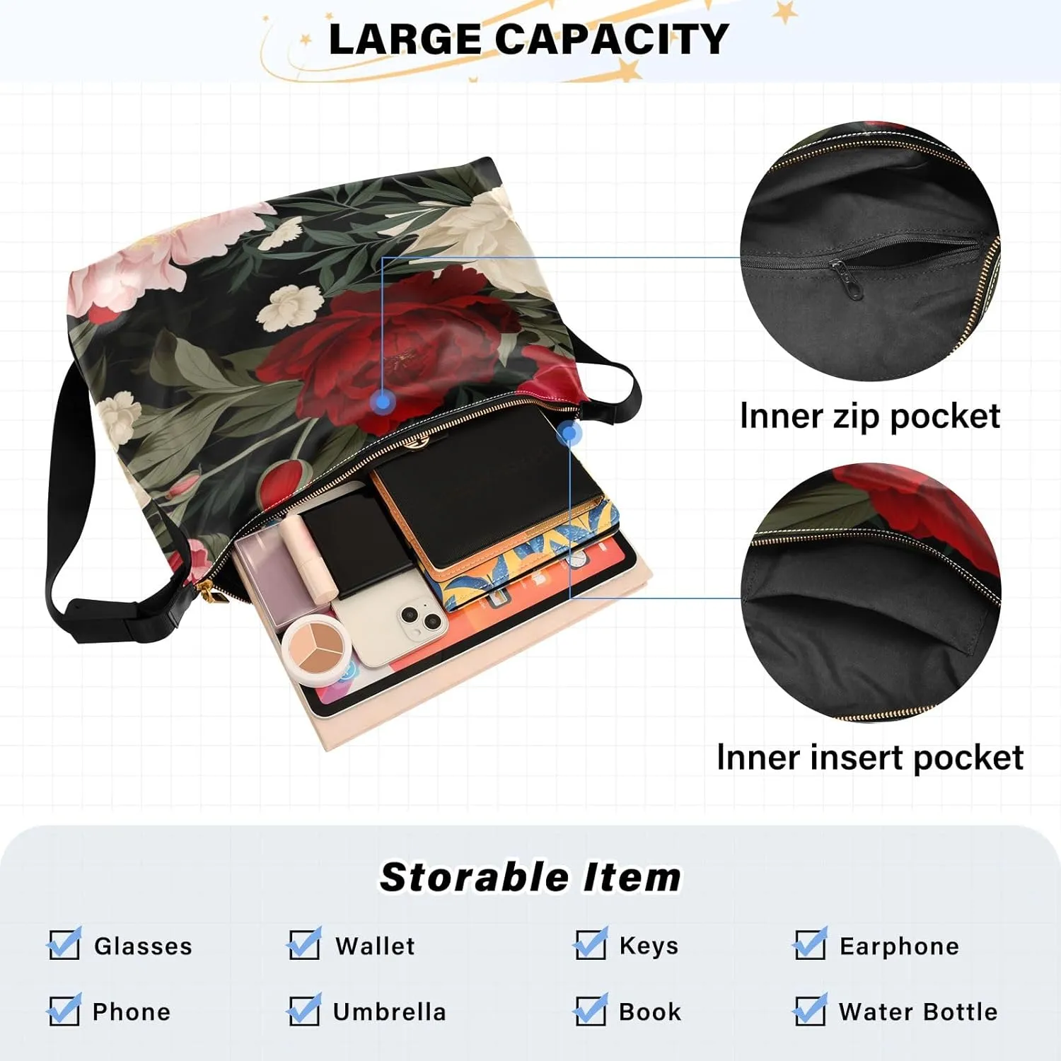Floral on Dark Leather Shoulder Bag with Zipper, Woman Hobo Shoulder Bag, Leather Crossbody Shoulder Bag