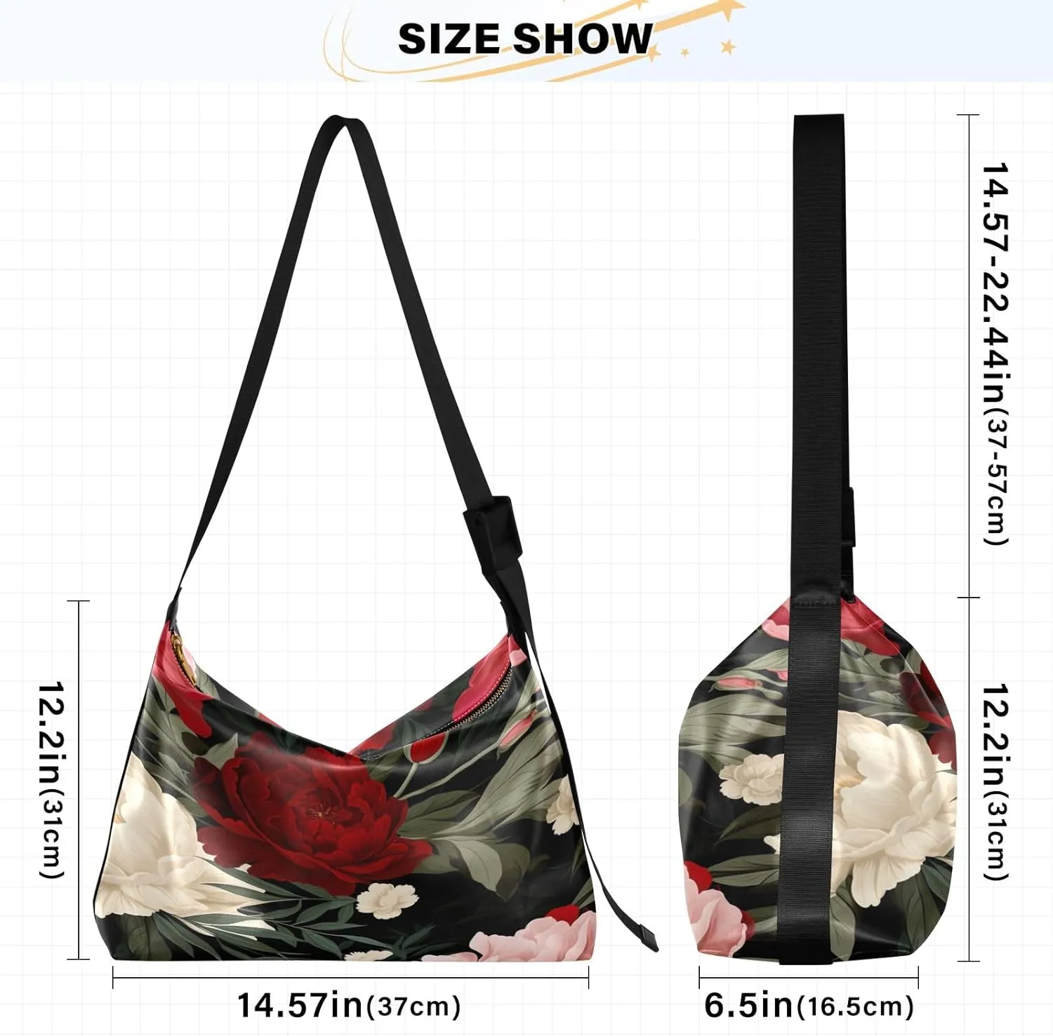 Floral on Dark Leather Shoulder Bag with Zipper, Woman Hobo Shoulder Bag, Leather Crossbody Shoulder Bag
