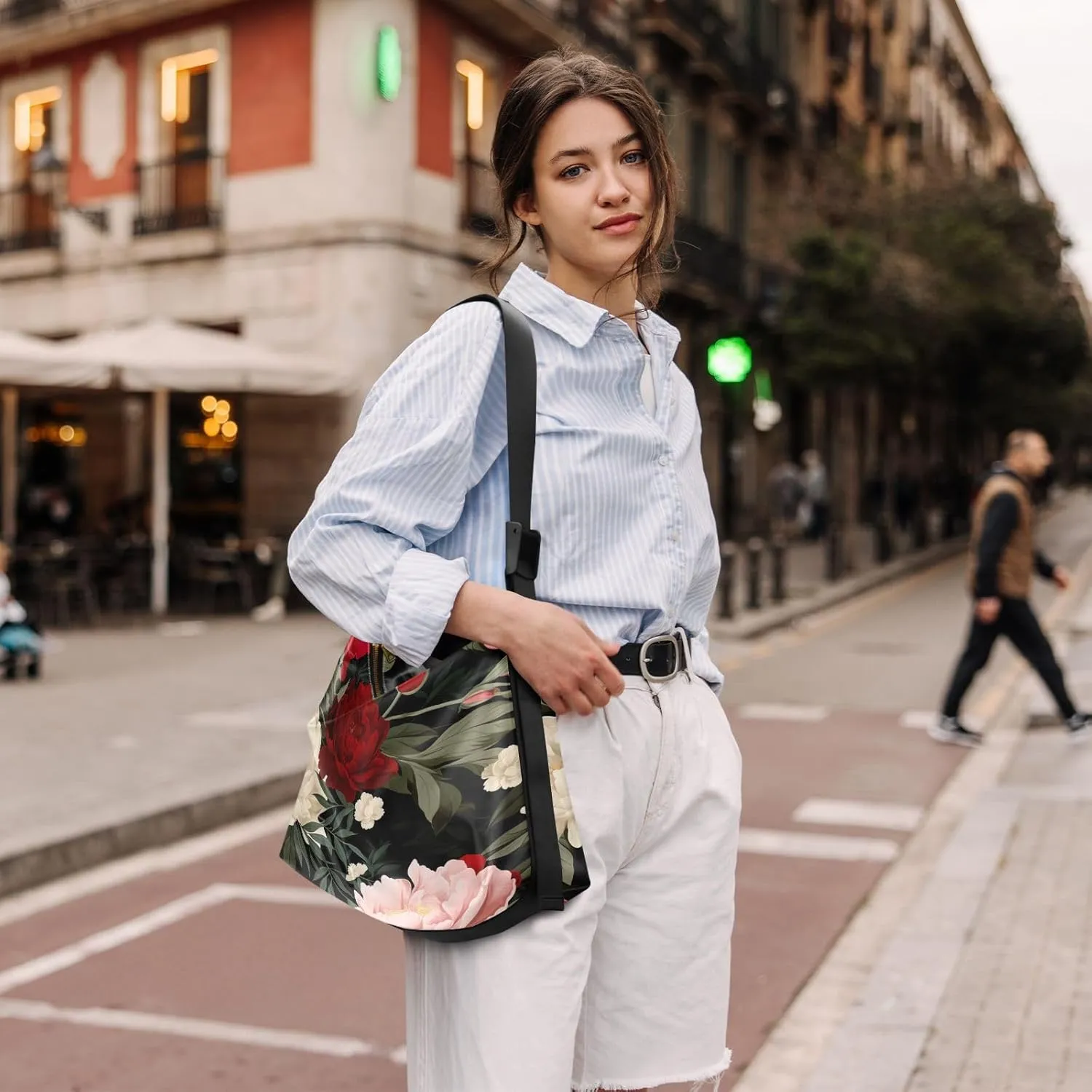 Floral on Dark Leather Shoulder Bag with Zipper, Woman Hobo Shoulder Bag, Leather Crossbody Shoulder Bag