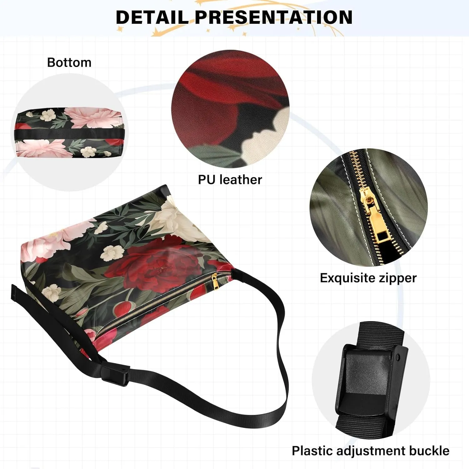 Floral on Dark Leather Shoulder Bag with Zipper, Woman Hobo Shoulder Bag, Leather Crossbody Shoulder Bag
