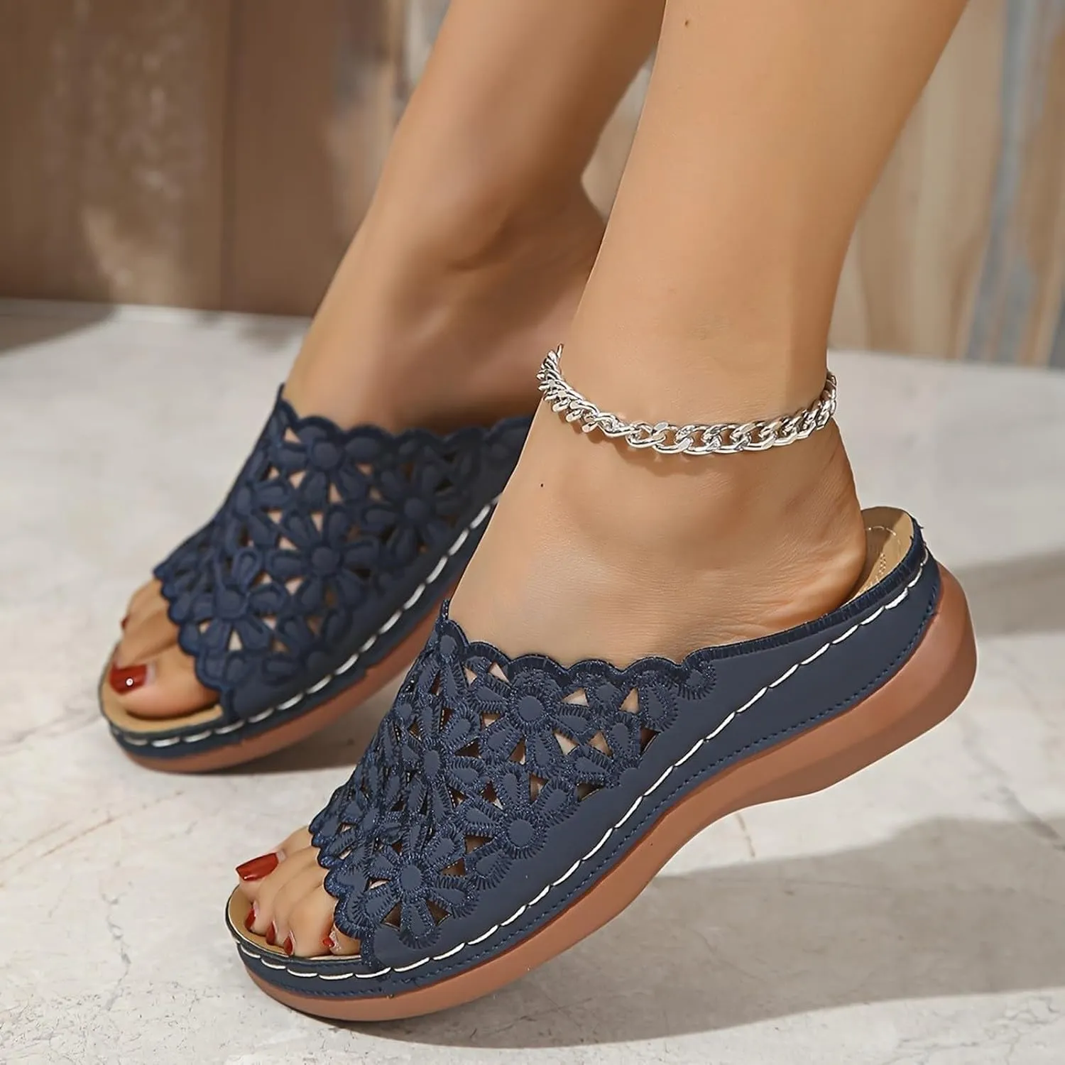 Flower Sandals for Women Comfortable Arch Support Orthopedic Sandals, Open Toe Hollow Out Breathable Flower Flats Summer Slip On Platform Walking Slippers
