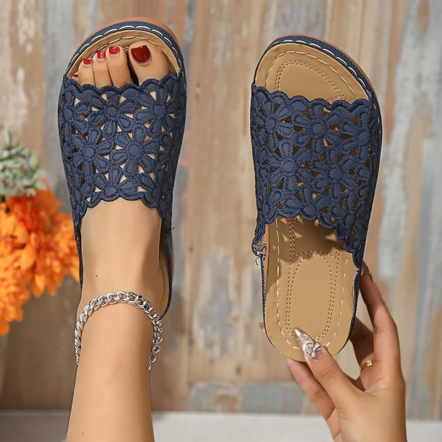 Flower Sandals for Women Comfortable Arch Support Orthopedic Sandals, Open Toe Hollow Out Breathable Flower Flats Summer Slip On Platform Walking Slippers