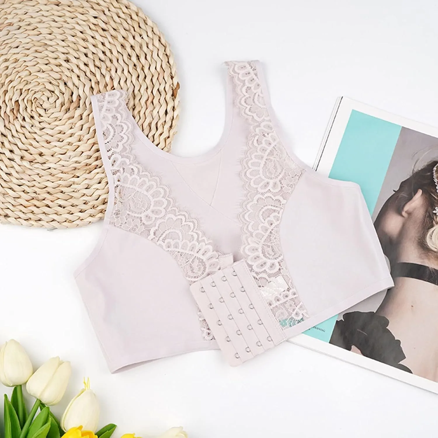 Front Close Lace Bra for Women Wireless Comfy Post Surgery Padded Support Wirefree Bra Racerback T-Shirt Shapewear Bra