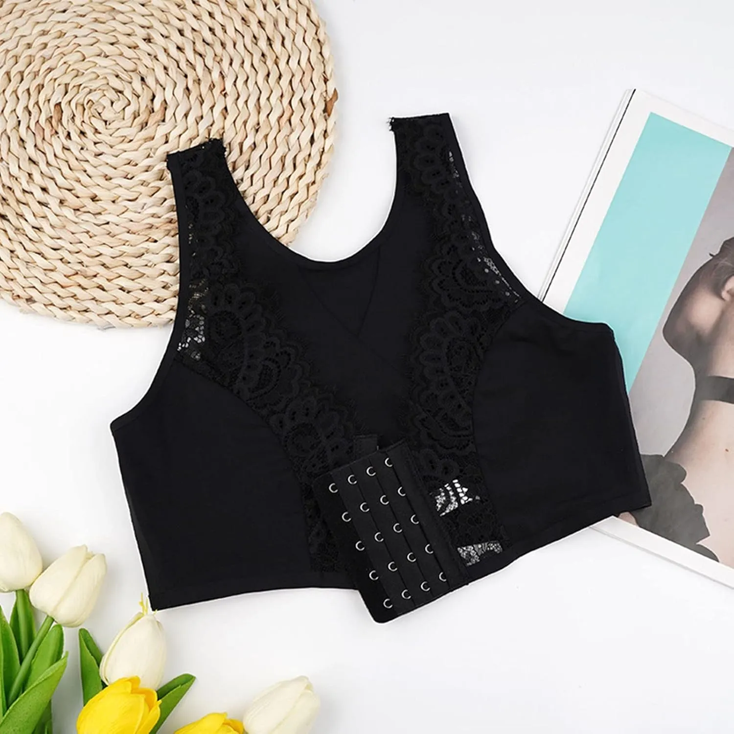 Front Close Lace Bra for Women Wireless Comfy Post Surgery Padded Support Wirefree Bra Racerback T-Shirt Shapewear Bra