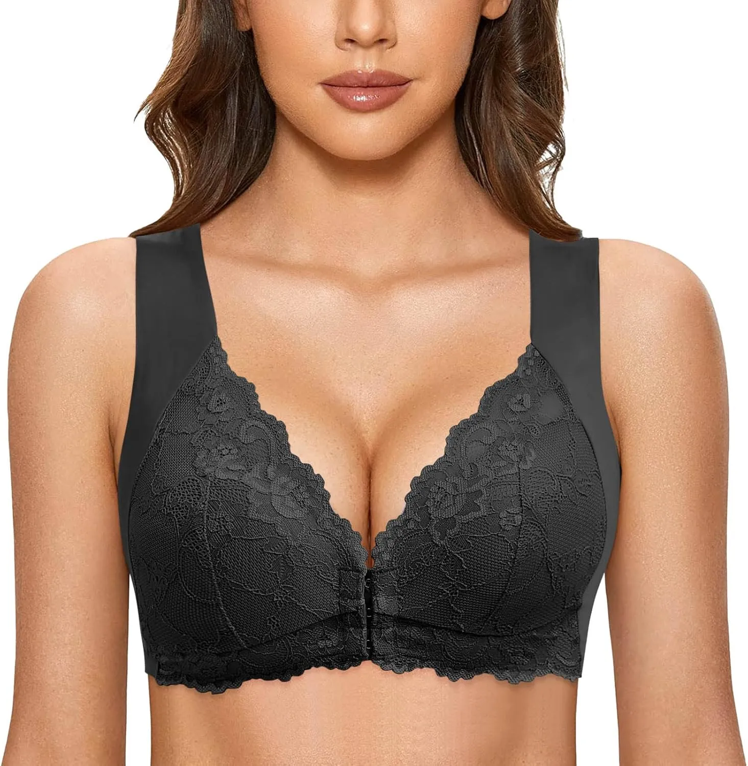 Front Closure Sports Bras for Women Comfort Push Up T Shirt Bra Wireless Lightly Lined Stretch Hides Back Fat Cami Crop Top