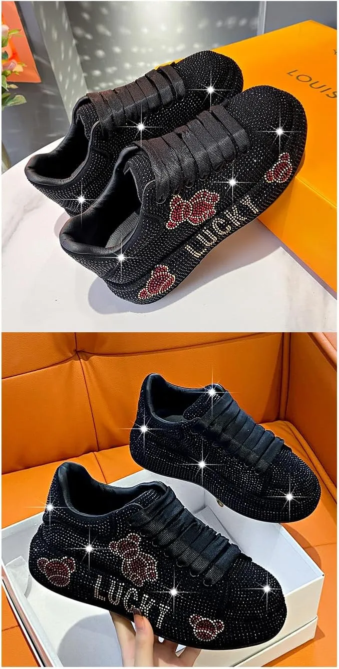 Geerta Cute Bear Shoes - Glitter Rhinestone Thick Sole Y2K Sneaker Chunky Platform Blingbling Kawaii Retro Vintage Aesthetic Trainer for Women Girl Casual School Summer Party Beach Travel