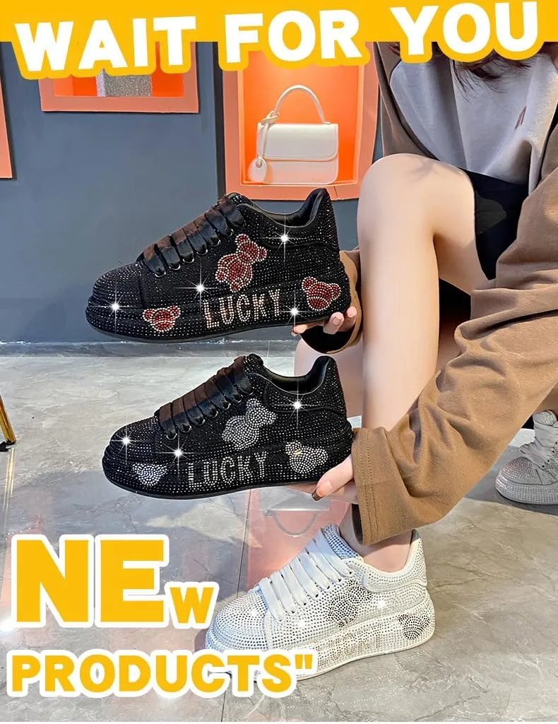 Geerta Cute Bear Shoes - Glitter Rhinestone Thick Sole Y2K Sneaker Chunky Platform Blingbling Kawaii Retro Vintage Aesthetic Trainer for Women Girl Casual School Summer Party Beach Travel