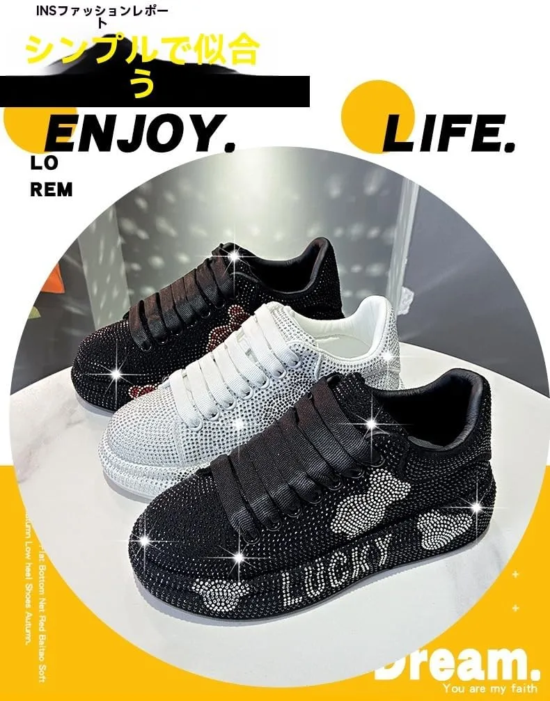 Geerta Cute Bear Shoes - Glitter Rhinestone Thick Sole Y2K Sneaker Chunky Platform Blingbling Kawaii Retro Vintage Aesthetic Trainer for Women Girl Casual School Summer Party Beach Travel