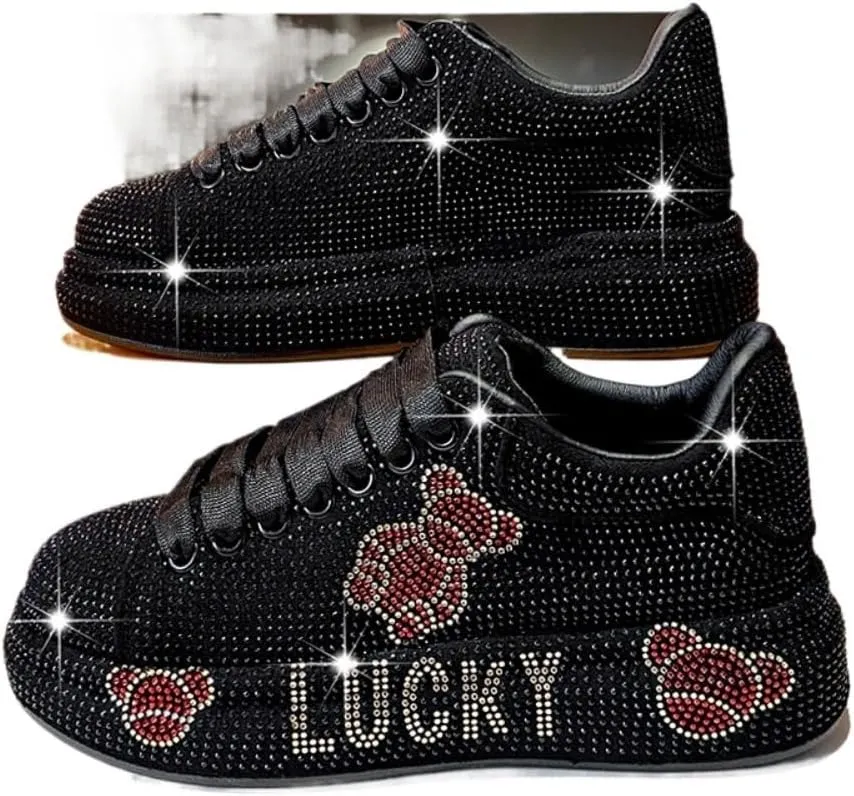 Geerta Cute Bear Shoes - Glitter Rhinestone Thick Sole Y2K Sneaker Chunky Platform Blingbling Kawaii Retro Vintage Aesthetic Trainer for Women Girl Casual School Summer Party Beach Travel