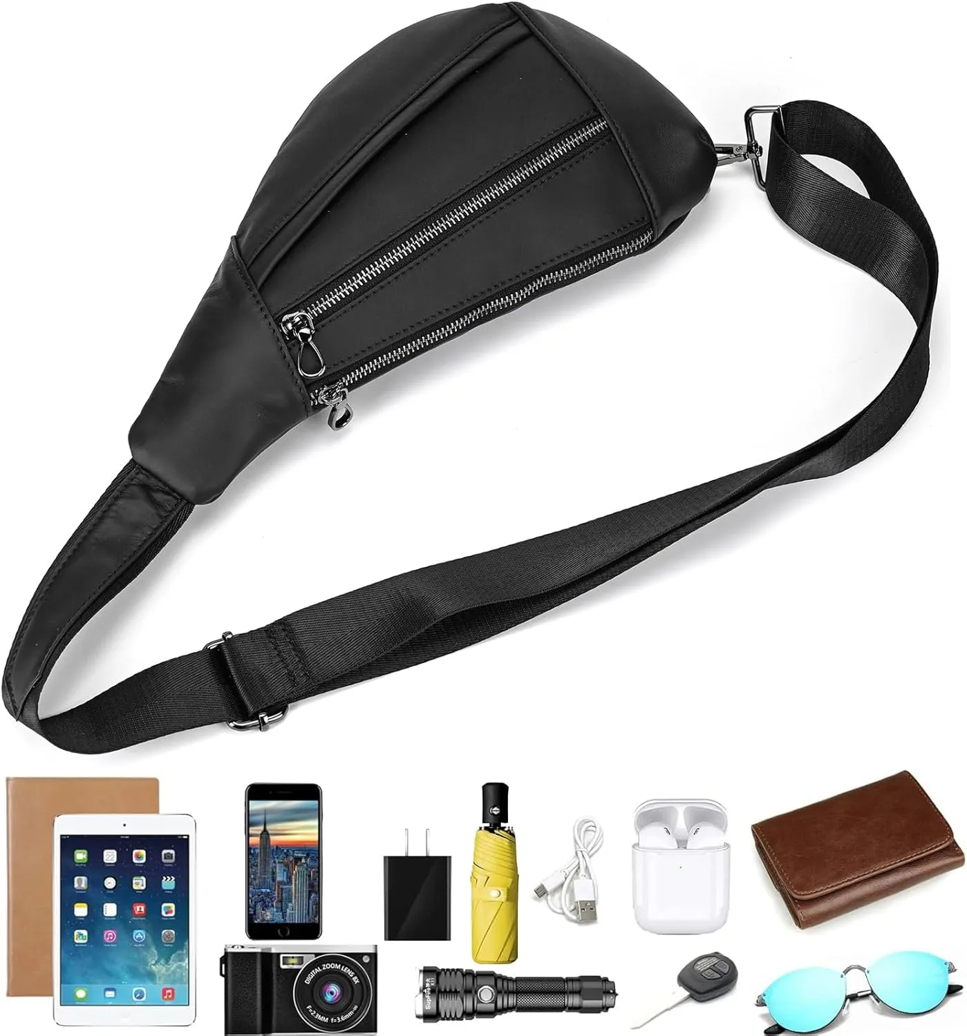 Genuine Leather sling bag for men casual crossbody backpack small shoulder bag chest bag for Travel, 9050 Black